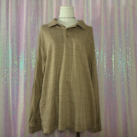 Lands' End Beige Windowpane Grid Long Sleeve Henley Polo Shirt (XL) ★ - Picture 2 of 7